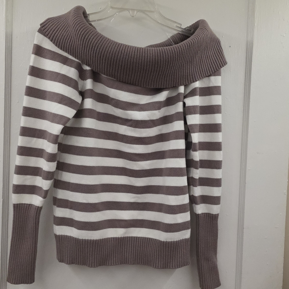 Stella Tweed Off Shoulder Striped Sweater 1X Brown White Cozy Knit EUC